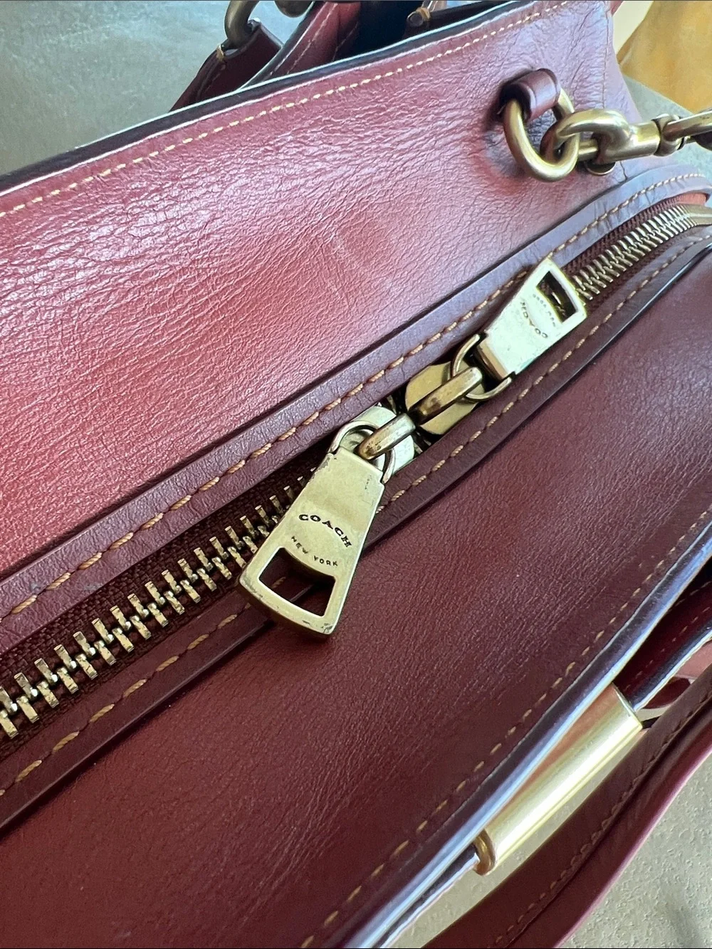 Coach Brown Signature Monogram Satchel with Burgundy Trim